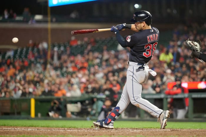 Sep 11, 2023; San Francisco, California, USA; Cleveland Guardians outfielder Steven Kwan (38) hits a RBI single against the San Francisco Giants during the seventh inning at Oracle Park.